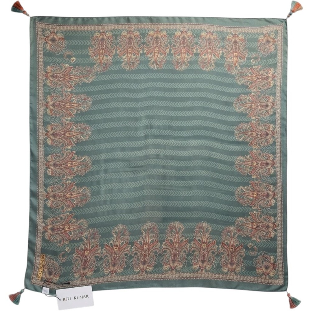 NWT Ritu Kumar Green Paisley Viscose Square Scarf with Tassels Ervin Style